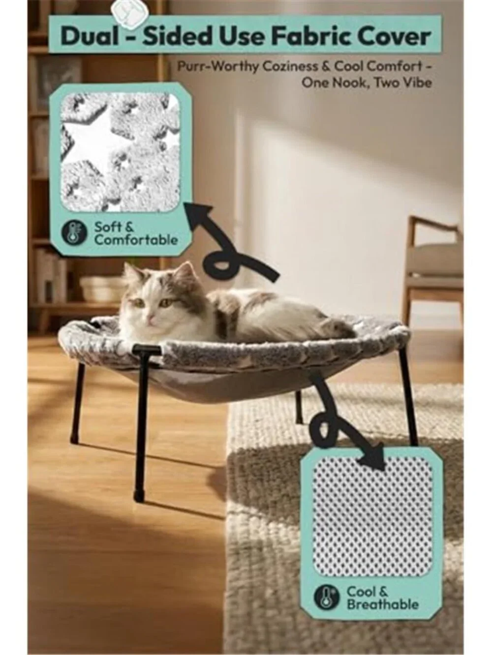 Elevated Cat Bed, Glow-in-The-Dark Fabric Cat Hammock Bed for Large Indoor